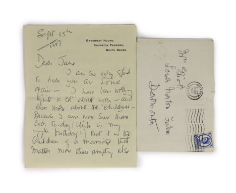 A manuscript letter from Agatha Christie to Mrs Elliot on Greenway notepaper,one sheet folded, dated Sept. 15th, together wit