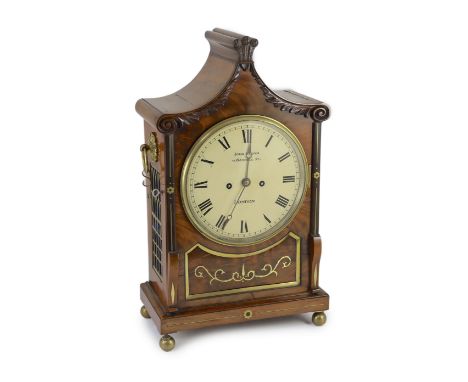 John Harper of London. A William IV brass inset mahogany bracket clock,with Prince of Wales feathers crest and painted named 