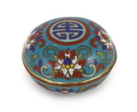 A Chinese cloisonné enamel seal paste box and cover, 17th/18th century,of compressed globular form, the cover with central Sh