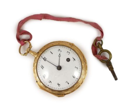 A 19th century Swiss gold open face key wind pocket watch, by Faucillon, Auxerres,with Arabic dial, the case decorated with h