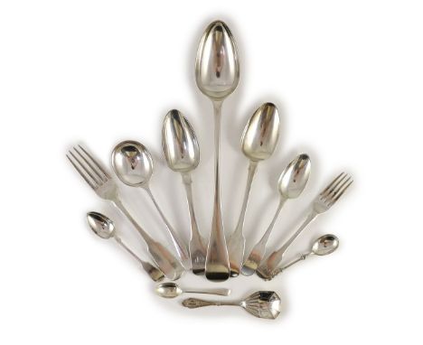 A harlequin canteen of Georgian and later silver and plated mainly fiddle pattern flatware,various dates and makers, most wit