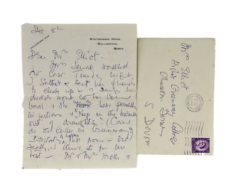 A manuscript letter from Agatha Christie to Mrs Elliot on Winterbrook House notepaper,dated Dec 5th.,. together with envelope