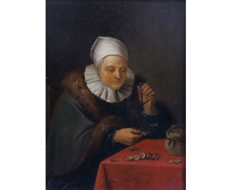 18th century Flemish School Woman seated at a table counting moneyoil on wooden panel18.5 x 14cmOil on panel untouched for ma