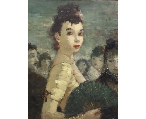 Dietz Edzard (German, 1893-1963) Portrait of a young woman holding a fanoil on canvassigned64 x 50cmOil on canvas relined wit