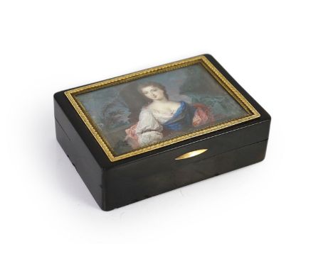 A 19th century Swiss gold mounted tortoiseshell snuff box,the lid inset with a gouache miniature of a lady within a landscape