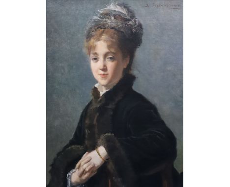 Augustin Feyen Perrin (French, 1826-1888) Half length portrait of a seated lady holding a fur coatoil on canvassigned71 x 52c