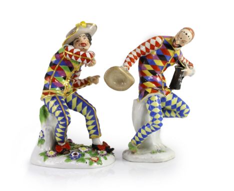 Two Meissen models of Harlequin, early to late 20th century,both modelled after Kandler, the first sitting on a tree stump ho