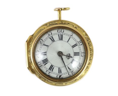 A George II 22ct gold pair cased key wind verge pocket watch, by Charles Page, London,the outer case embossed with maiden pla