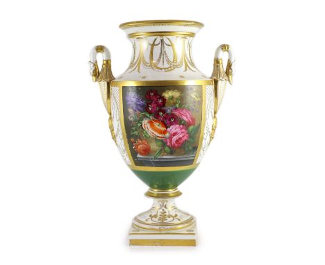 A large English porcelain pedestal vase, c.1810, possibly Coalport,each side painted with a study of flowers in a basket or a