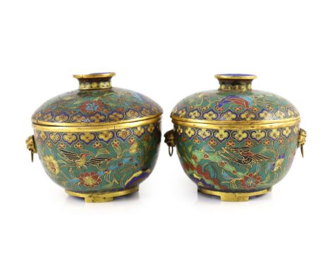 A pair of Chinese cloisonné enamel jars and covers, 18th/19th centuryeach decorated with birds amid flowers and rockwork, app