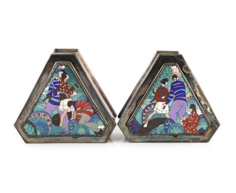 A pair of unusual Art Deco electroplated and cloisonné enamel panelled boxes and covers,decorated with figures holding racket