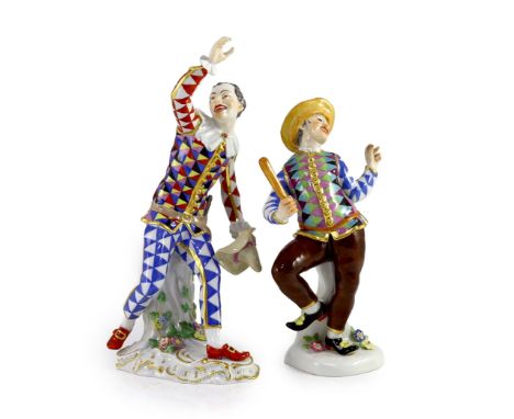 Two Meissen models of Harlequin, 20th century,both modelled after Kandler, the first with a hat in one hand and the other rai