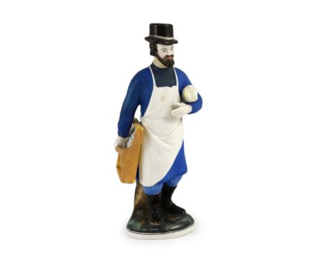 A Russian porcelain figure of a glazier, Gardner Manufactory, Verbilki, c.1830,feint underglaze blue ‘G’, red enamel ‘No.3/8,