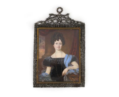 Lorenzo Thewenetti (Anglo-Italian, 1800-1878) Miniature portrait of a young ladyoil on ivory10.5 x 8cm. Cut steel frame.Some 