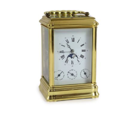 A L'Epée hour repeating brass carriage clock,with moonphase and calendar dial, in gorge case, with enamelled dial and signed 