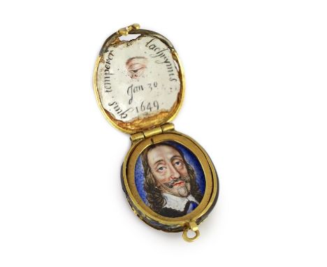A rare enamelled gilt metal Charles I memorial portrait locket, 17th century,of oval form, with black enamelling to the exter