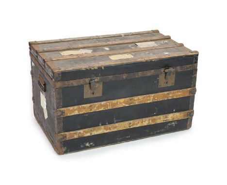 A metal mounted canvas and wood bound cabin trunk, bearing labels relating to 'Mrs Mallowan',formerly from Agatha Christie’s 