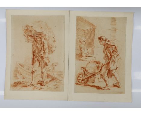 Attributed to Francois Boucher (French, 1703-1770) Porters unloading a barge and pushing a barrowtwo sanguine chalk drawings 
