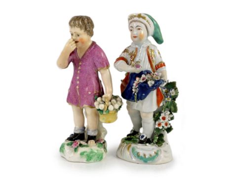 A Rockingham porcelain figure of a beggar boy, c.1830 and a Bow porcelain figure of a boy holding flowers, c.1765,the former 