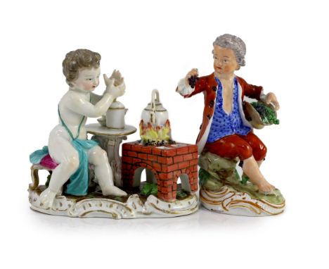Two Meissen figures, late 18th century,the first modelled as a cherub making hot chocolate, Marcolini period crossed swords a