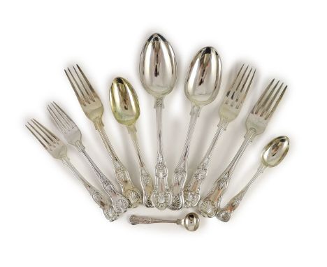 A Victorian and later harlequin part canteen of Kings and Queens pattern silver and plated flatware,comprising forty three si