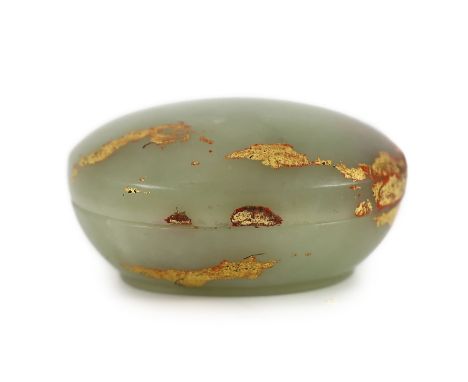 A Chinese pale celadon jade box and cover, 18th century, remnants of gilt lacquer decoration,of oblong form, the base with wo