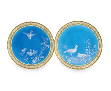 A pair of Minton ‘Limoges enamel’ cabinet plates, attributed to Desire Leroy, c.1877,each finely painted with birds amid foli