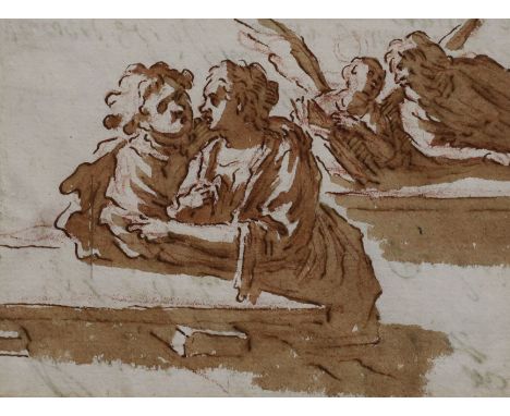 Marc Antonio Bassetti (1588-1630) Two lovers at a table and St Matthew and the angelink and wash on paperManning Gallery labe