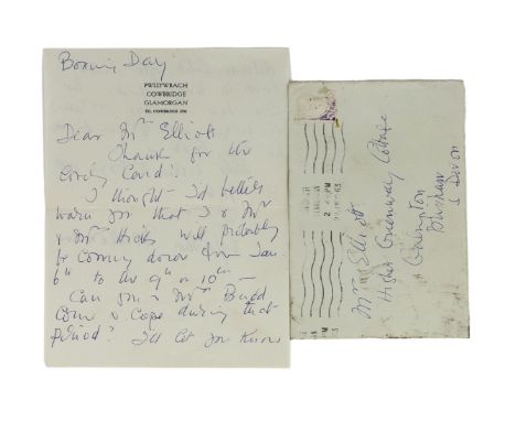 A manuscript letter from Agatha Christie to Mrs Elliot on Pwllywrach notepaper,one sheet, dated 'Boxing Day' together with an