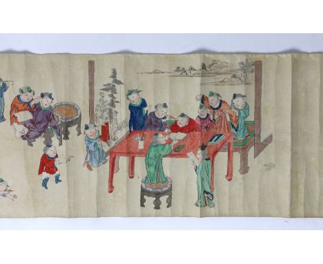 A Chinese handscroll painting on paper of ‘Hundred boys’ in a garden, late Qing dynasty,Inscribed to each end,image 570cm x 2
