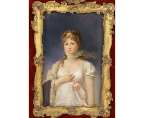 A KPM Berlin porcelain plaque painted with the Queen of Prussia, Louise of Mecklenburg-Strelitz, late 19th century,a half len