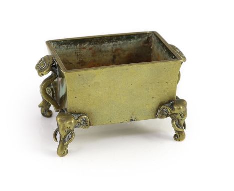 A Chinese polished bronze censer, fangding, Xuande mark, 19th century,applied with a pair of lingzhi fungus shaped handles, o