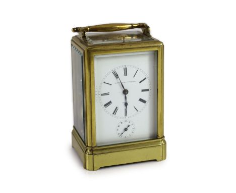 Aubert &amp; Klaftenberger, Geneva. A late 19th century hour repeating carriage alarum clock,with gorge case and enamelled di