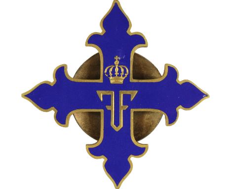 Militärischer Kriegsorden Michaels des Tapferen, 1. Modell Monogramm "F" 1. Klasse - Steckkreuz. Kreuz Bronze vergoldet und e