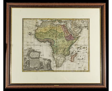 Gerahmte Karte. 1737. 57 x 47cm ohne Rahmen. Papier und Holz. Altkolorierte Karte von Afrika von Johannes Mathias Hase, datie