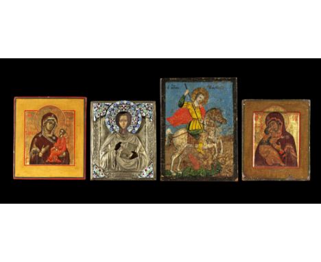 Vier orthodoxe Ikonen. Russland, 19. Jh, Griechenland 19. Jh. a) Gottesmutter von Tichwin, H 18,5cm, B 16,5cm. Russland, 19. 