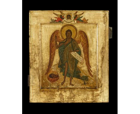 Ikone mit dem Hl. Johannes der Täufer als Engel der Wüste. Russland, 19. Jh. H 35,5cm, B 31cm. Eitempera auf Kreidegrund, mit