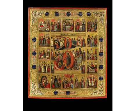 Festtagsikone. Russland, 19. Jh. H 35,5cm, B 31,5cm. Holztafel mit zwei Sponki. Eitempera auf Kreidegrund, mit Goldgrund. Rah