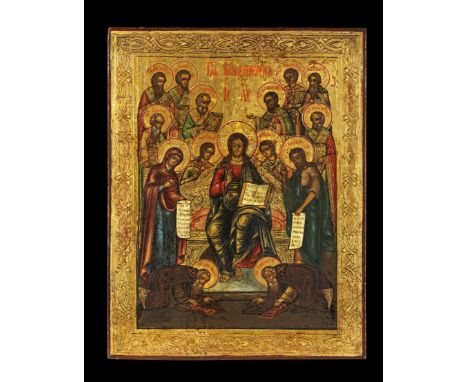 Ikone mit Erweiteter Deesis. Russland, 19. Jh. H 38,5cm, B 30cm. Tempera über Kreidegrund auf Holz. Darstellungen auf Goldgru