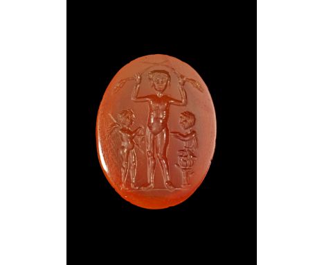 Karneolgemme mit erotischer Szene. Römisch, 1. - 2. Jh. n. Chr. H 2,9cm. Aus rotorangem Karneol. Auf dem hochovalen Intaglio 