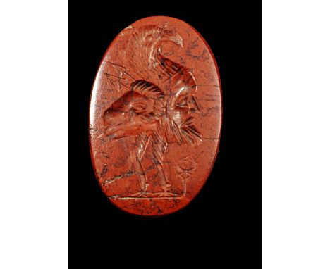 Jaspisgemme mit Gryllos. Römisch, 1. - 2. Jh. n. Chr. H 2,9cm. Aus rotem Jaspis mit schwarzen Adern, auf dem hochovalen Intag