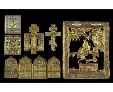 Sammlung von Kruzifixen, Metallikonen und Messing-Oklad. Russland, 19. Jh. Sammlung von zwei Kruzifixen, einem Tetraptychon m