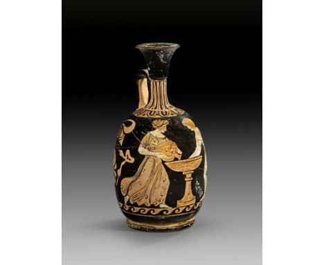 Kampanische Bauchlekythos des Weißgesicht-Frignano-Malers. Capua II, um 340 v. Chr. H 23cm, ø Körper 11,8cm, ø Mündung 5,6cm,