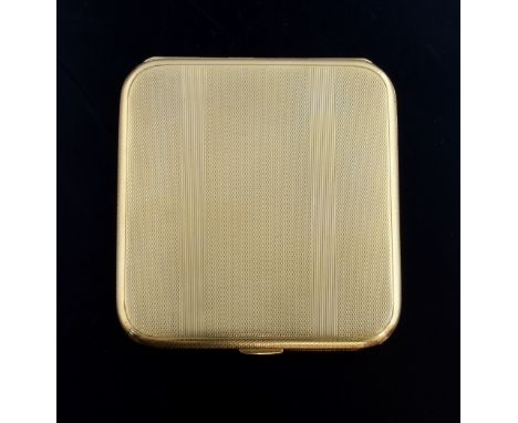 Gold cigarette case, with engine turned decoration, the interior with personal inscription, dated 1960, 9 ct gold    91 grams