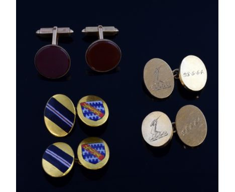 Three pairs of  cufflinks, gold with engraving and monogram,  another pair set with carnelian, both 9 ct, and a pair of silve