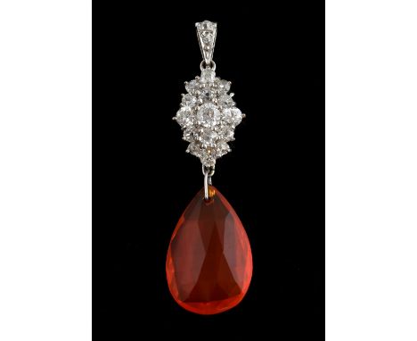 Fire opal and diamond pendant, set with a cluster of brilliant cut diamonds, with pendeloque cut fire opal, in 18 ct white go