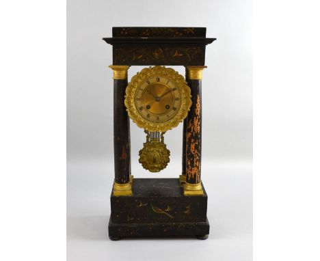 19th century ebonised portico clock with twin train movement, 50cm        