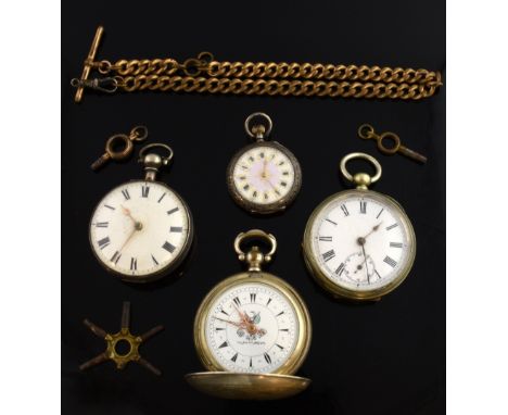 Lady's silver pocket watch with gilt decorated enamel dial, the reverse with blue enamel flowers, interior stamped 835, three