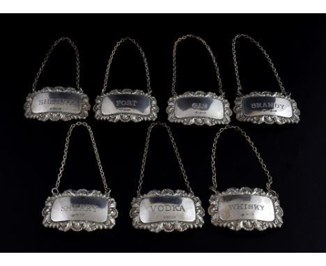 Set of five modern silver decanter labels, 'PORT', 'BRANDY', 'GIN', 'SHERRY', 'WHISKY', by A Chick & Sons Ltd., London, 1977 