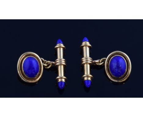 A pair of lapis lazuli set gold cufflinks with chain links to a lapis set bar, by Deakin & Francis, 9 ct gold   7.2 grams gro